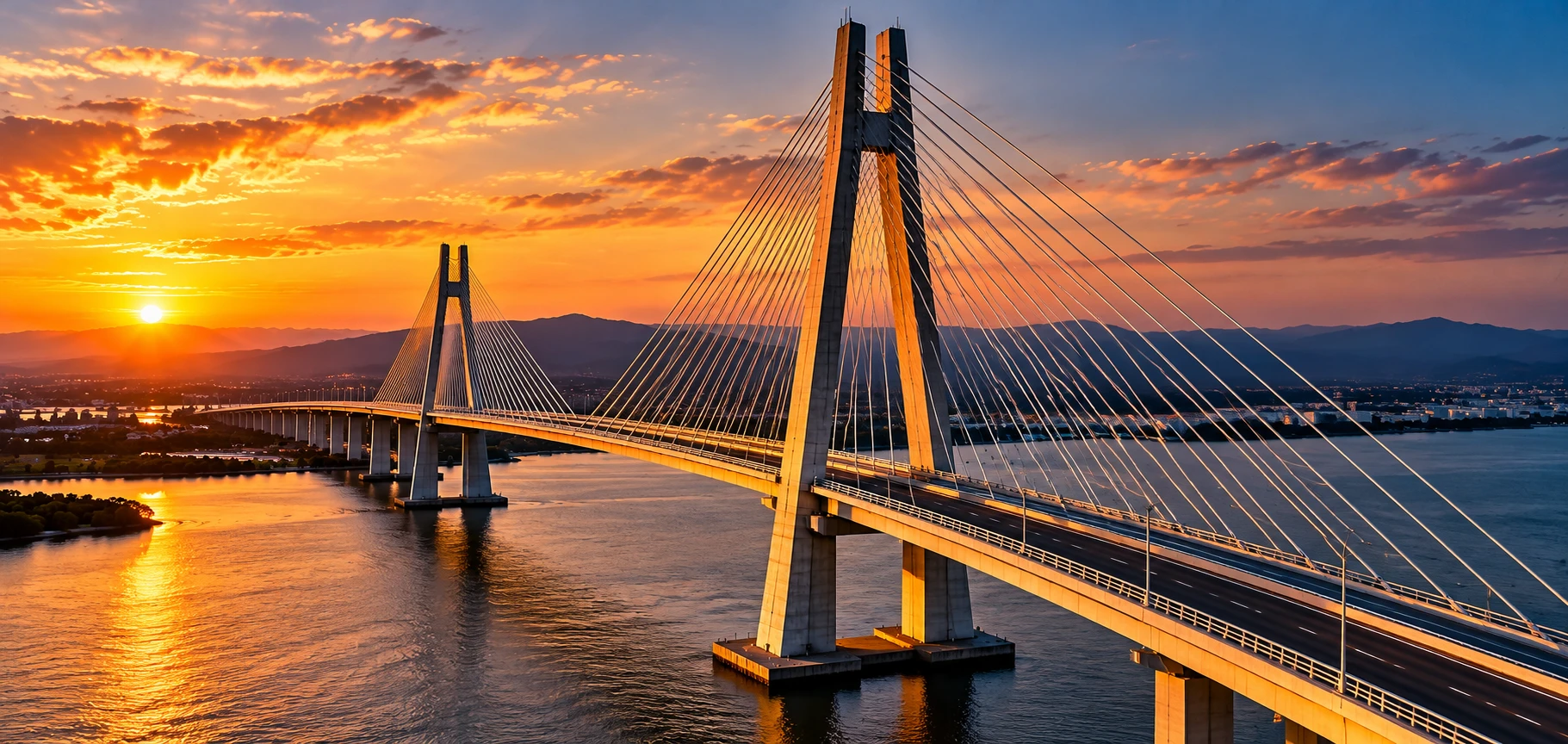 Puente atirantado sobre el agua al atardecer, imagen ilustrativa